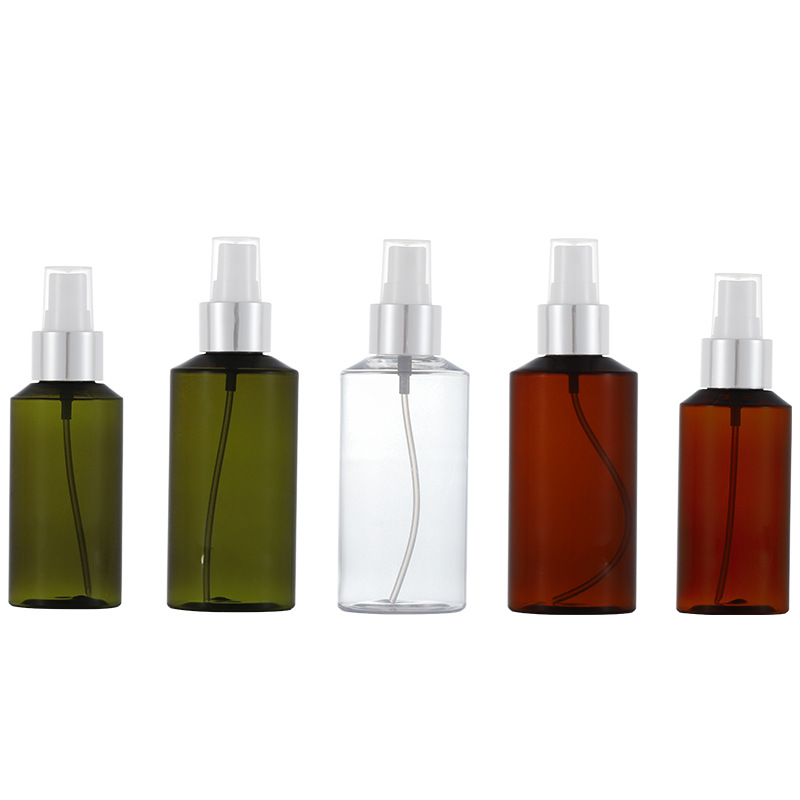 En stock 100ml/150ml botella de rocío puro hombro oblicuo aerosol blanco para mascotas anillo de plata brillante botella de tóner botella de rocío puro material de embalaje xumin