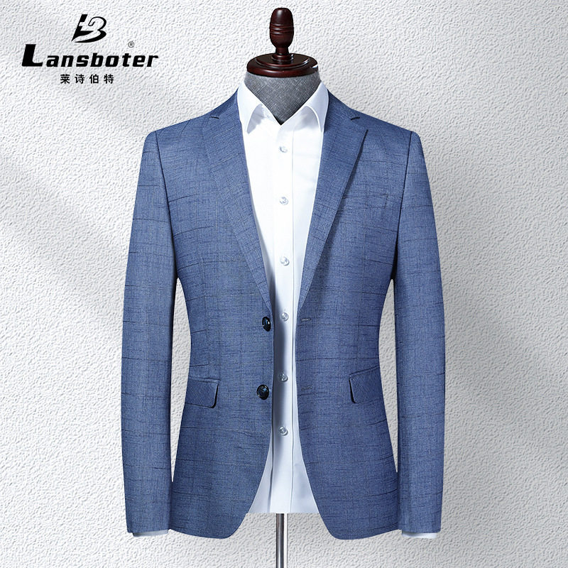 Áo vest nam kẻ caro phong cách Hàn, dáng ôm, cổ áo vest một hàng hai nút, tay dài — Xanh lam nhạt