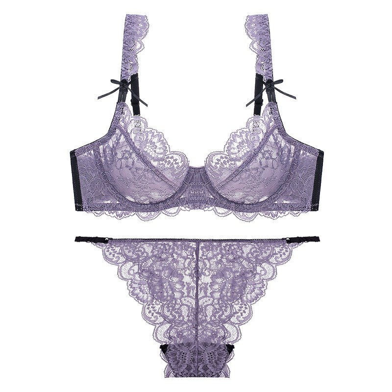 Foreign Trade Sexy Lingerie Women's Ultra-thin Transparent Lace Large Size Bra Large Chest Small Anti-sagging Underwear Set