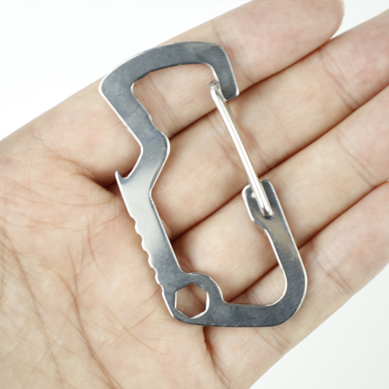 Fábrica de ángulo pequeño tiburón EDC multifuncional tipo D hebilla de acero inoxidable mosquetón abrebotellas gancho de resorte hebilla colgante rápido