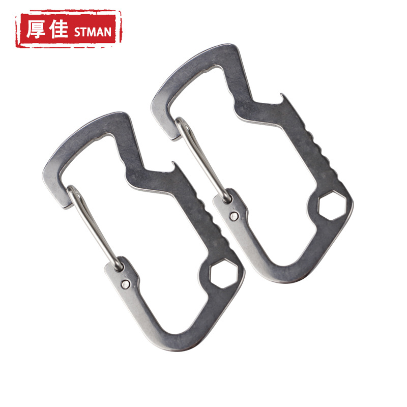 Fábrica de ángulo pequeño tiburón EDC multifuncional tipo D hebilla de acero inoxidable mosquetón abrebotellas gancho de resorte hebilla colgante rápido