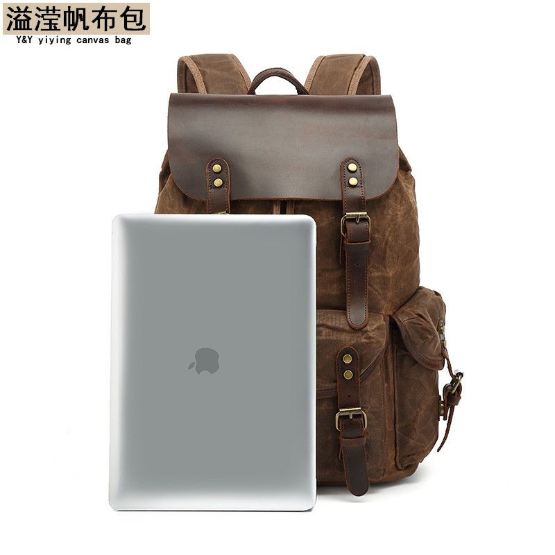 Los hombres y las mujeres mochila retro mochila bolsa de viaje encerado lona con bolsa de cuero Caballo Loco