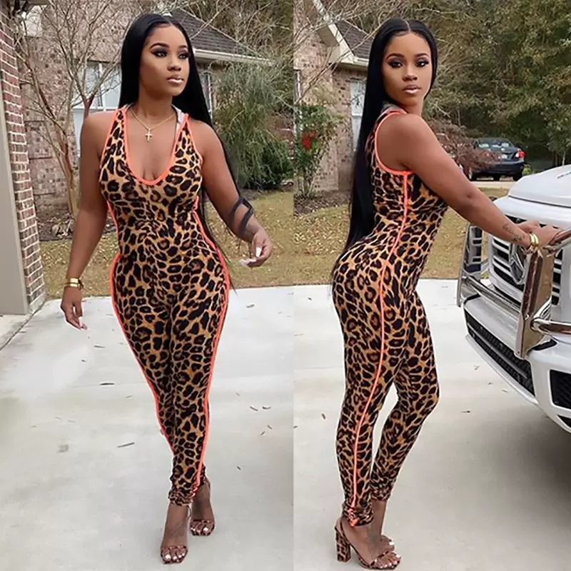 清仓跨境女装新款豹纹连体衣拼接桔边性感深V修身连体裤小脚裤A19
