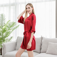 跨境仿真丝睡衣女夏中袖新娘伴娘晨袍睡袍短款大码婚礼浴袍批发