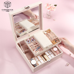 European-style PU leather jewelry storage box, large capacity with lock, mirror, accessory box, necklace and earring storage box for makeup