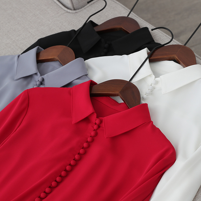 Spring and summer gold secretary with retro bag button chiffon fashion long sleeve shirt female temperament design sense niche top