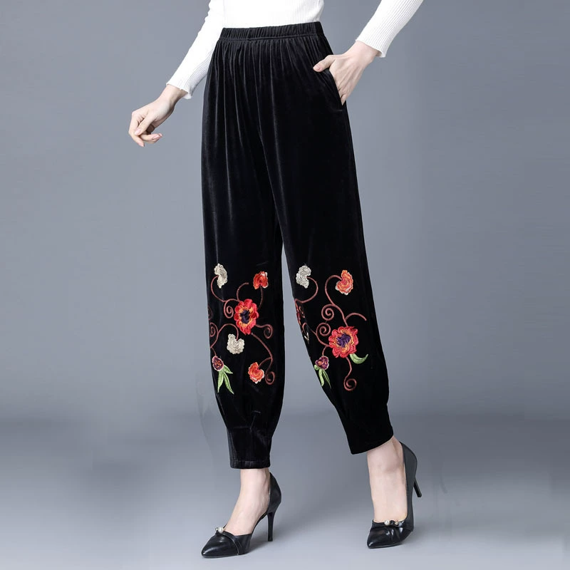 01707 Весна-Осень-зима новые брюки до щиколотки с вышивкой из бархата 280 джин для женщин среднего возраста свободные с завышенной талией плюс толстые