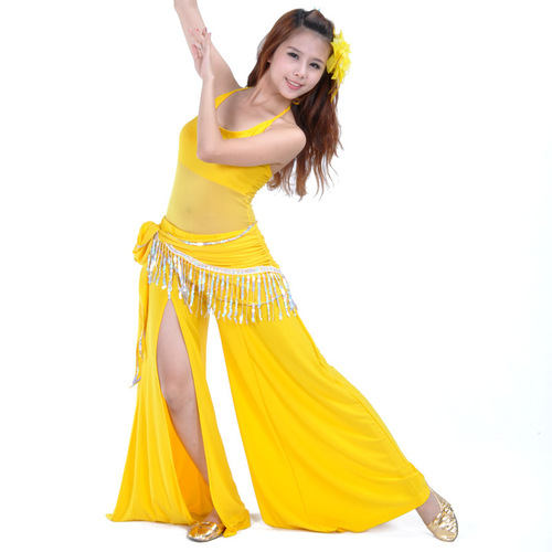 Semi-sheer gauze suspender top + single-open straight pants + wrinkled suspender waist chain, three-piece belly dance suit