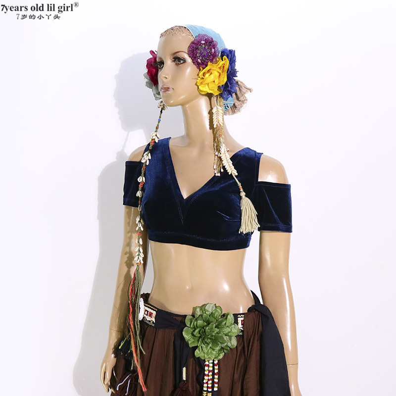 Spring Women's Tribal Belly Dance choli Top Short-sleeved Taiwan Velvet Backless Open Shoulder Short-sleeved Small Top