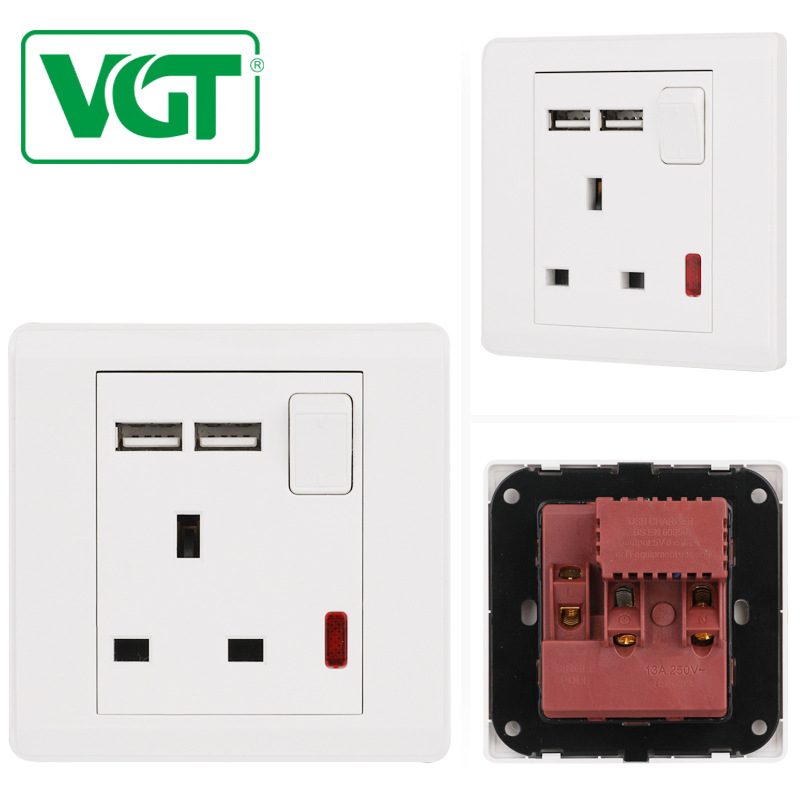 英式 外贸PC 13A 一开插座 双USB 接口 黄铜 中东