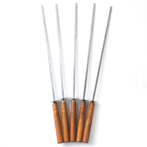 Korean outdoor BBQ stainless steel barbecue needle picnic supplies wooden handle with sliced ​​barbecue fork skewers 5-piece set