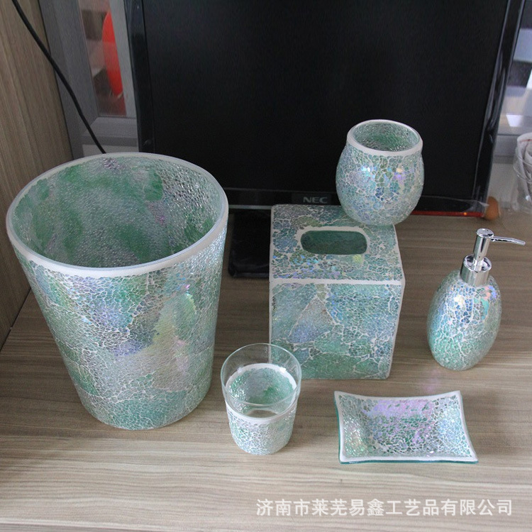 Factory Supplies Six-Piece Set of Creative Glass Products Including Mosaic Lotion Bottles, Mouthwash Cups, Soap Dishes, Tissue Boxes, and Recycling Bins
