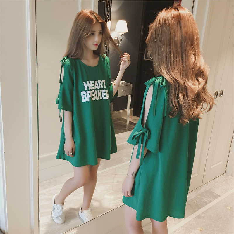 2025 Summer Korean Style Bow Letter Print Half-Sleeve T-Shirt Women's Top Mid-Length Off-Shoulder T-Shirt Dress