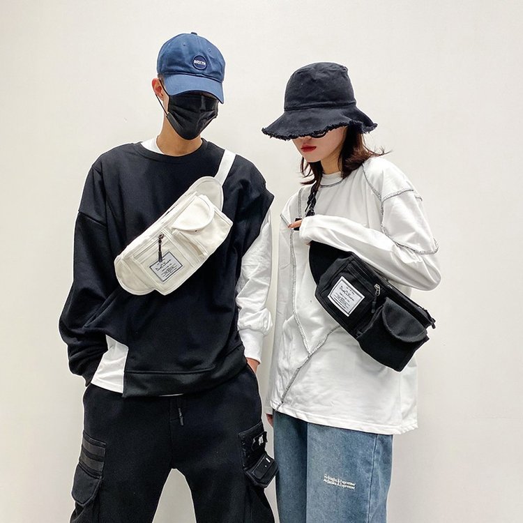 日系原宿港风街拍复古帆布斜挎包工装风潮酷百搭情侣学生胸包腰包