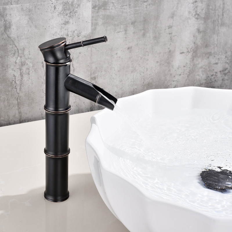 Grifo de Bambú para Lavabo de Cobre Agua Fría y Caliente Estilo Antiguo para Baño