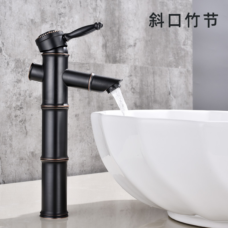 Grifo de Bambú para Lavabo de Cobre Agua Fría y Caliente Estilo Antiguo para Baño