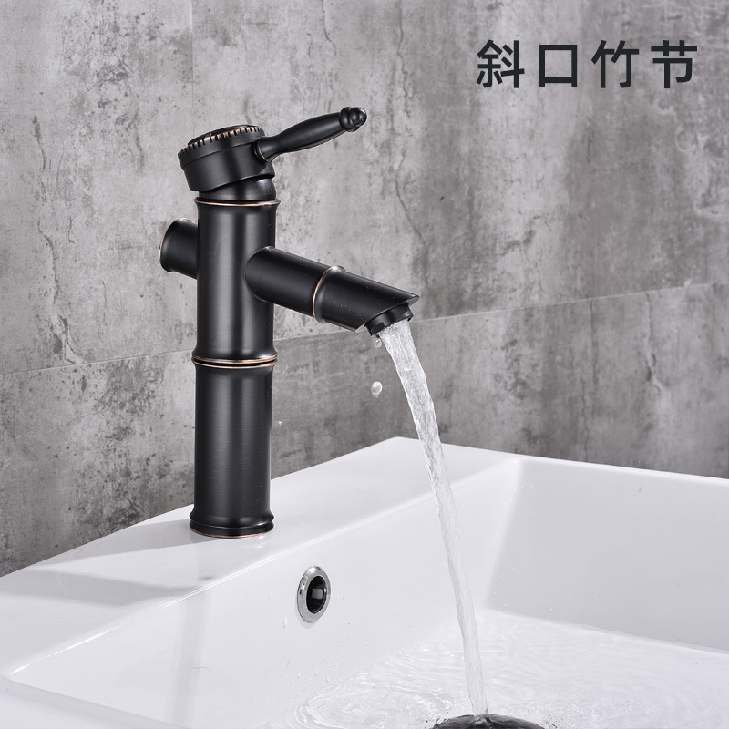 Grifo de Bambú para Lavabo de Cobre Agua Fría y Caliente Estilo Antiguo para Baño