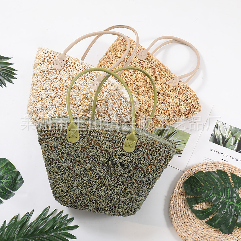 Handmade Rattan Shoulder Bag With Leather Trim Eco-friendly Basket_voghion.com