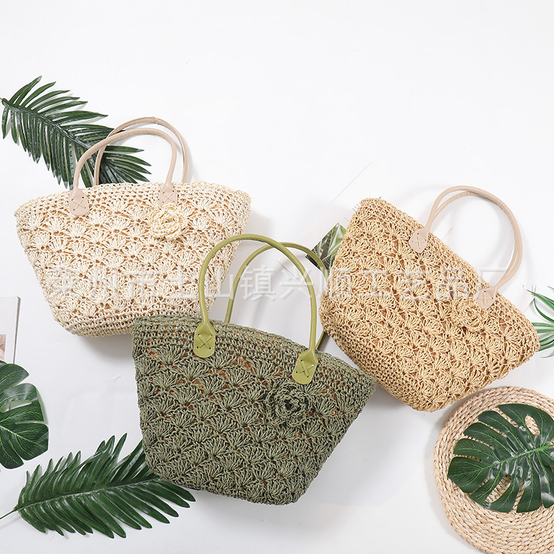 Handmade Rattan Shoulder Bag With Leather Trim Eco-friendly Basket_voghion.com
