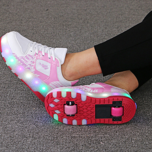 B76 Student Sports Shoes Children Dual-Wheel Scooter Shoes with Wheels Roller Skates for Middle and Primary School Students LED Flashing Ice Skates