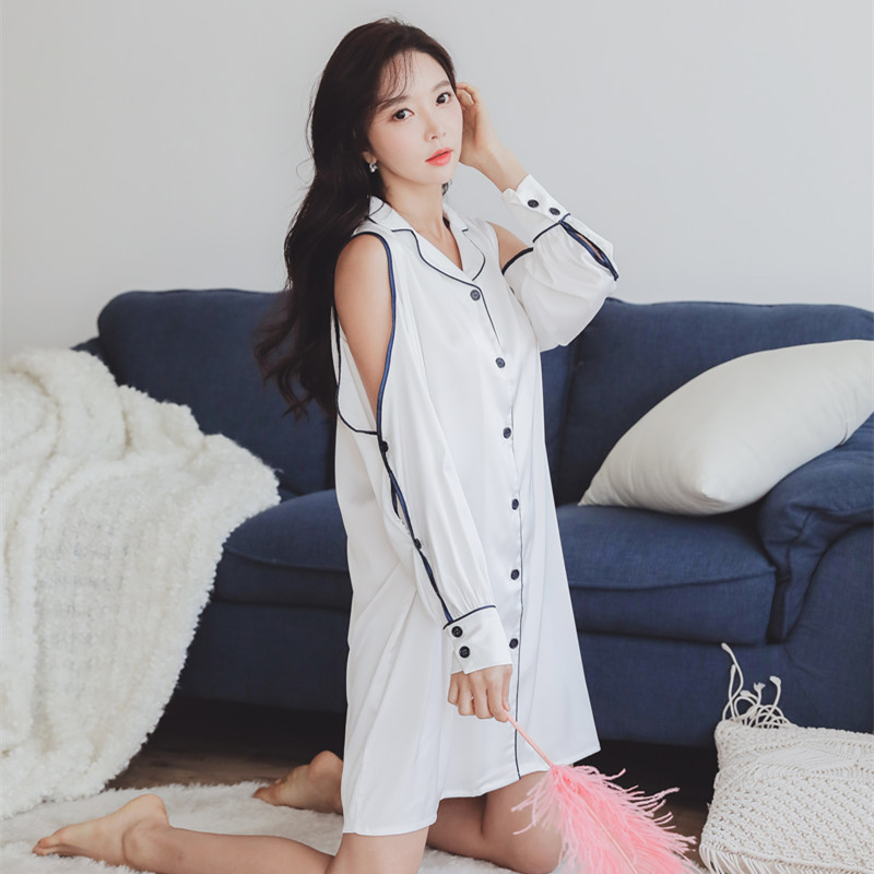 2020 새로운 잠옷 여자의 봄 긴 고밀도 같은 스타일 얼음 실크 섹시한 잠옷 여름 어깨 실크 가정 옷