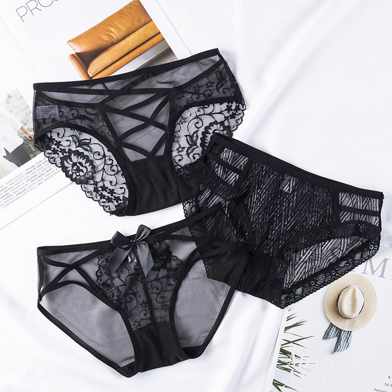 Luxury lace underwear women's sexy black transparent temptation Hollow hot low waist cotton crotch triangle girl underwear