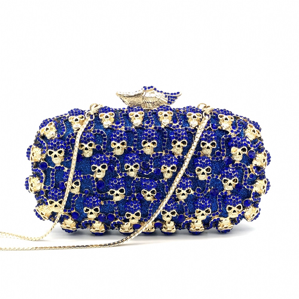 * nuevo paquete de cena de diamante calavera bolso de mano de diamante caja dura hueca bolsa de cena vestido de fiesta azul mujer