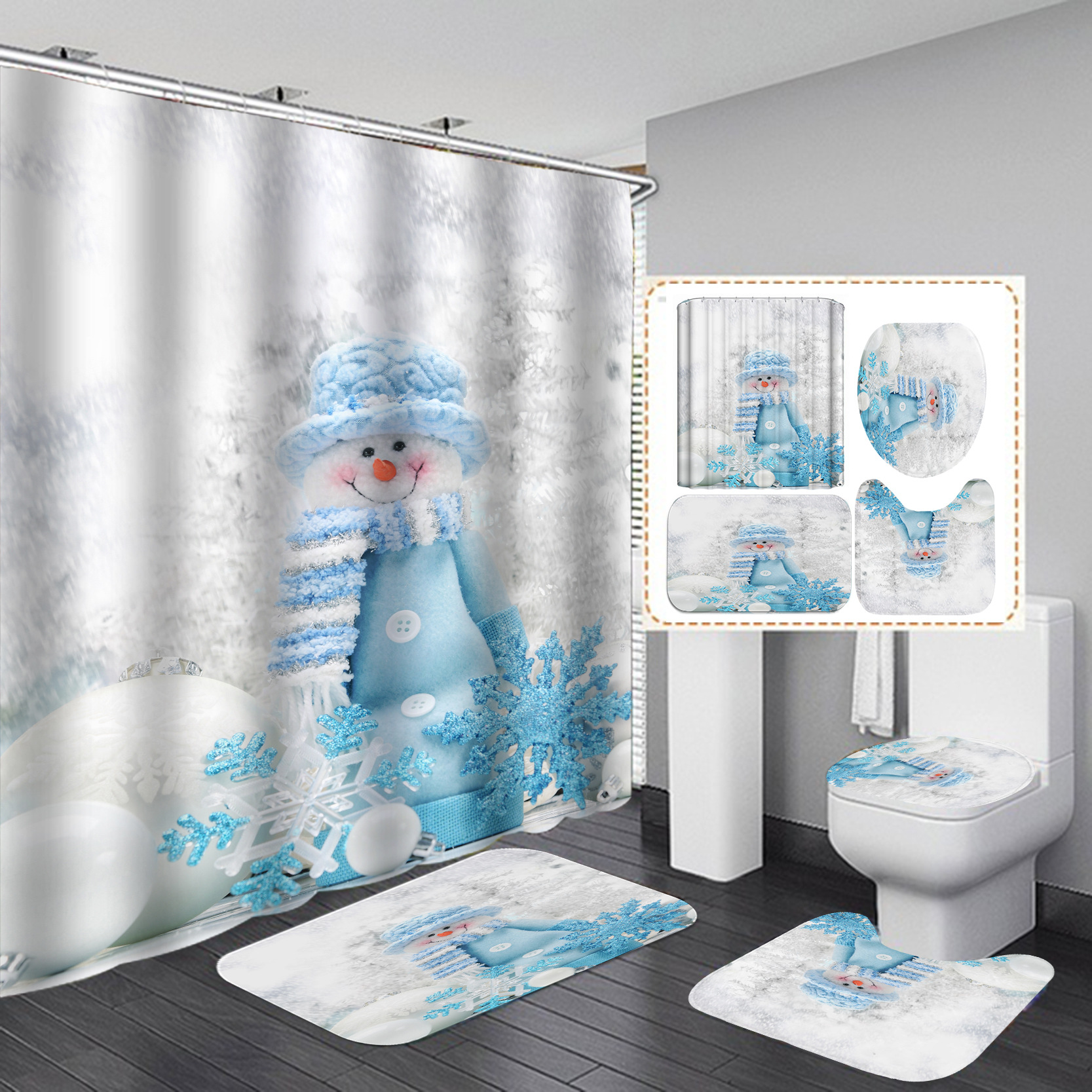 Suministro directo transfronterizo Impresión digital poliéster impermeable Navidad muñeco de nieve serie baño Cortina de ducha suministro directo de fábrica Cortina de ducha al por mayor
