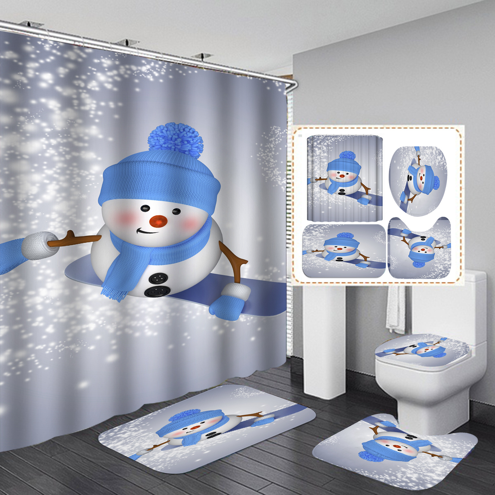 Suministro directo transfronterizo Impresión digital poliéster impermeable Navidad muñeco de nieve serie baño Cortina de ducha suministro directo de fábrica Cortina de ducha al por mayor