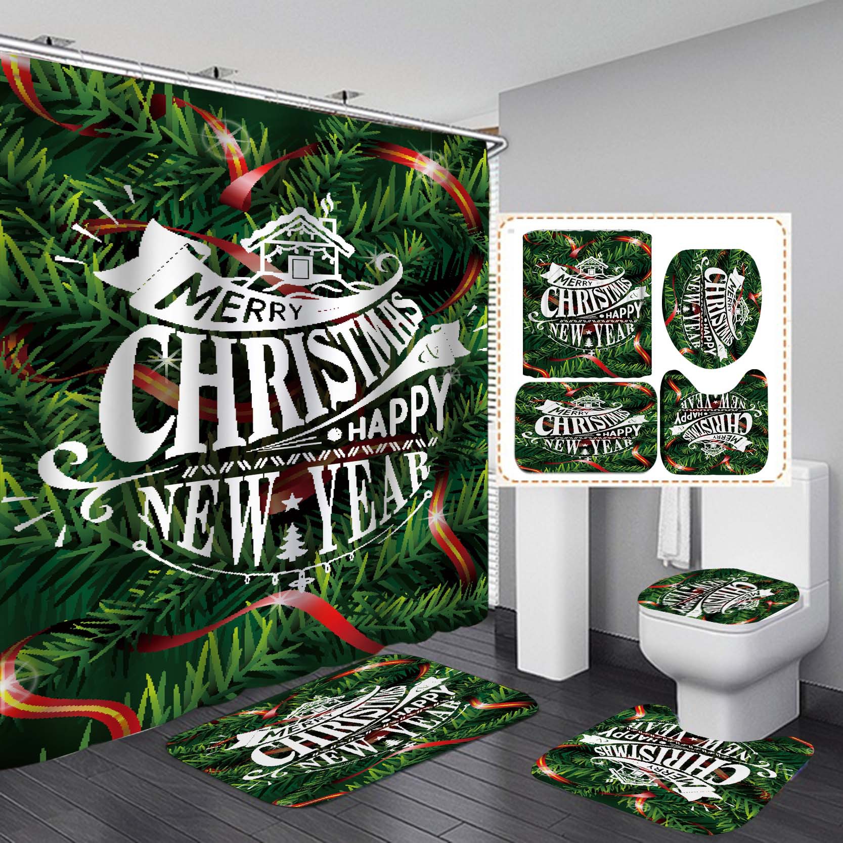 Nueva SERIE DE Navidad transfronterizo e-commerce HD Impresión digital árbol de Navidad Hotel baño Cortina de ducha suministro directo de fábrica