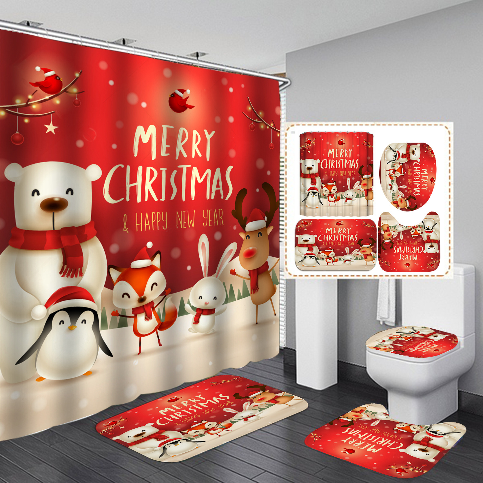 Transfronterizos calientes venta de impresión digital poliéster impermeable serie de navidad cortina de baño fábrica directa cortina al por mayor