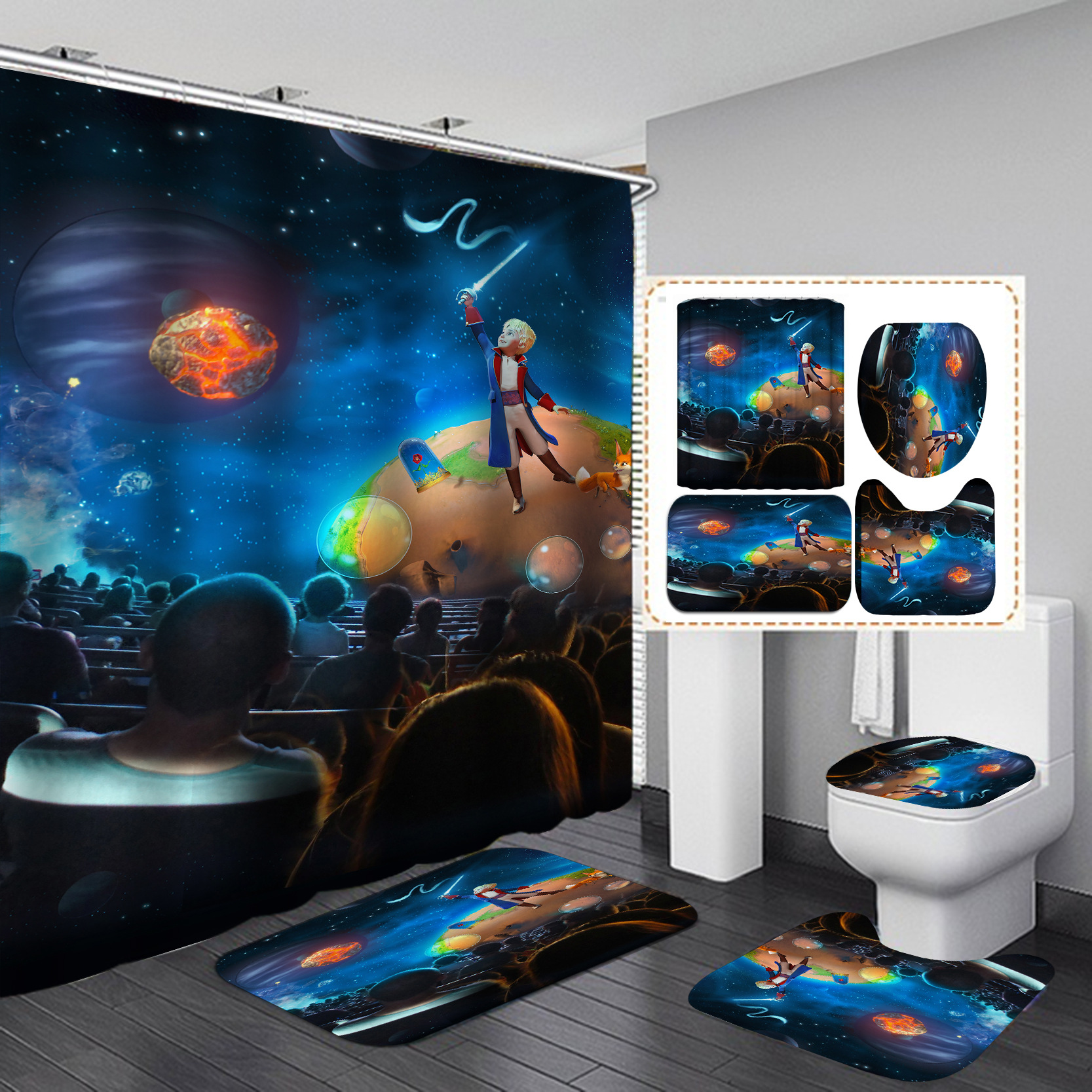 Amazon AliExpress impresión digital impermeable azul sueño cielo estrellado agujero negro planeta cielo cortina de ducha suministro directo de fábrica