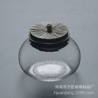 日式磨砂锤纹玻璃茶叶罐琉璃木塞密封罐 茶叶罐储存罐小茶仓