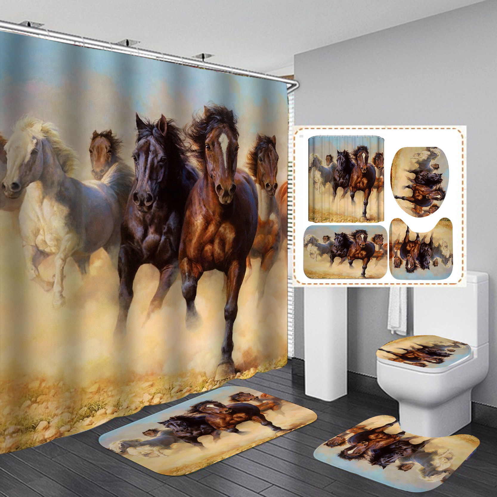 Cortina de Ducha Impermeable de Poliéster Amazon, Varias Series de Estilo de Caballo, Cortina de Tela, Venta al por Mayor Transfronteriza