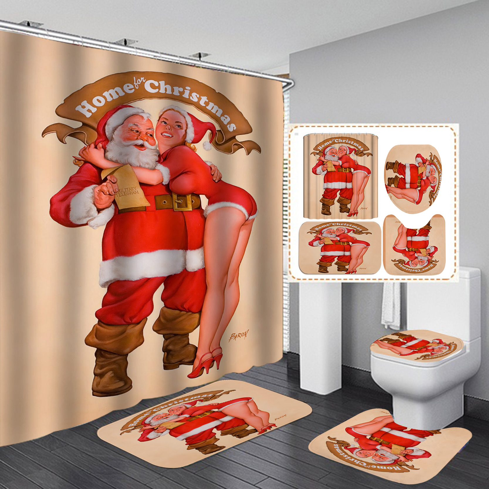 Comercio electrónico transfronterizo popular Impresión digital impermeable poliéster Santa Claus serie Cortina de ducha suministro directo de fábrica Cortina de ducha al por mayor