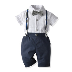 Wholesale British-style plaid bib pants three-piece set for kids' summer clothing: short-sleeve outfits for boys and babies