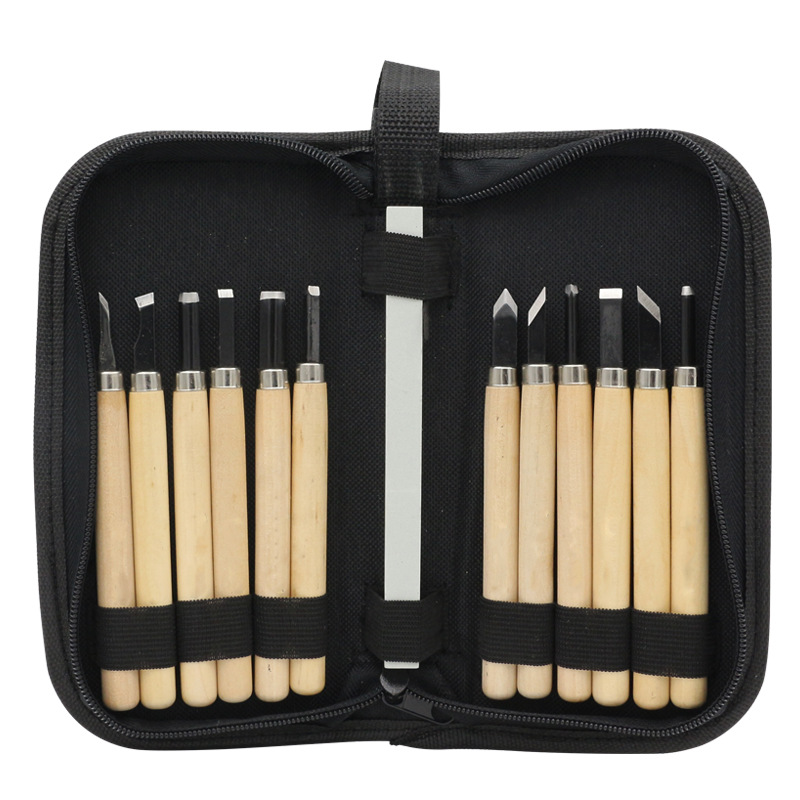 唐氏12支木刻刀木雕木工工具木雕刀手工橡皮章雕刻刀配磨刀石套装