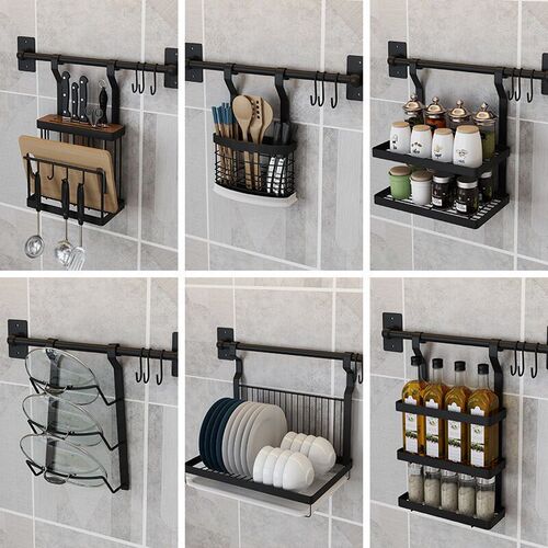 Stainless steel kitchen shelf without holes, black, multi-functional long hanging rod wall-mounted bowl and dish rack, spice rack, lid rack