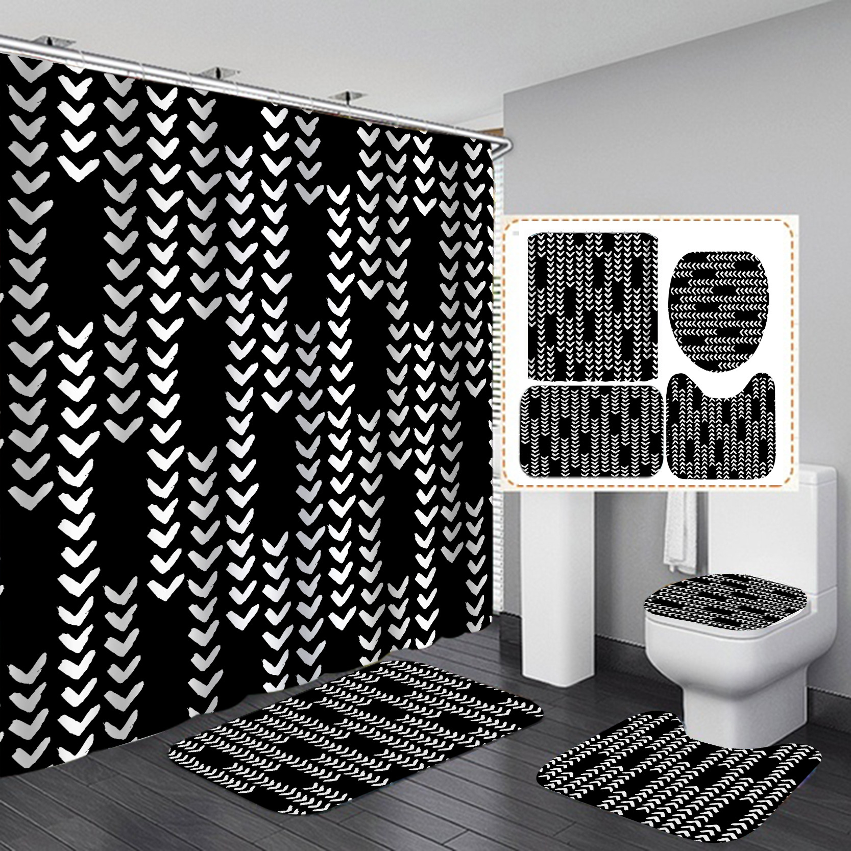 Comercio electrónico transfronterizo Venta caliente HD Impresión digital Poliéster Baño Hotel Baño Cortina de ducha Conjunto de cuatro piezas Traje