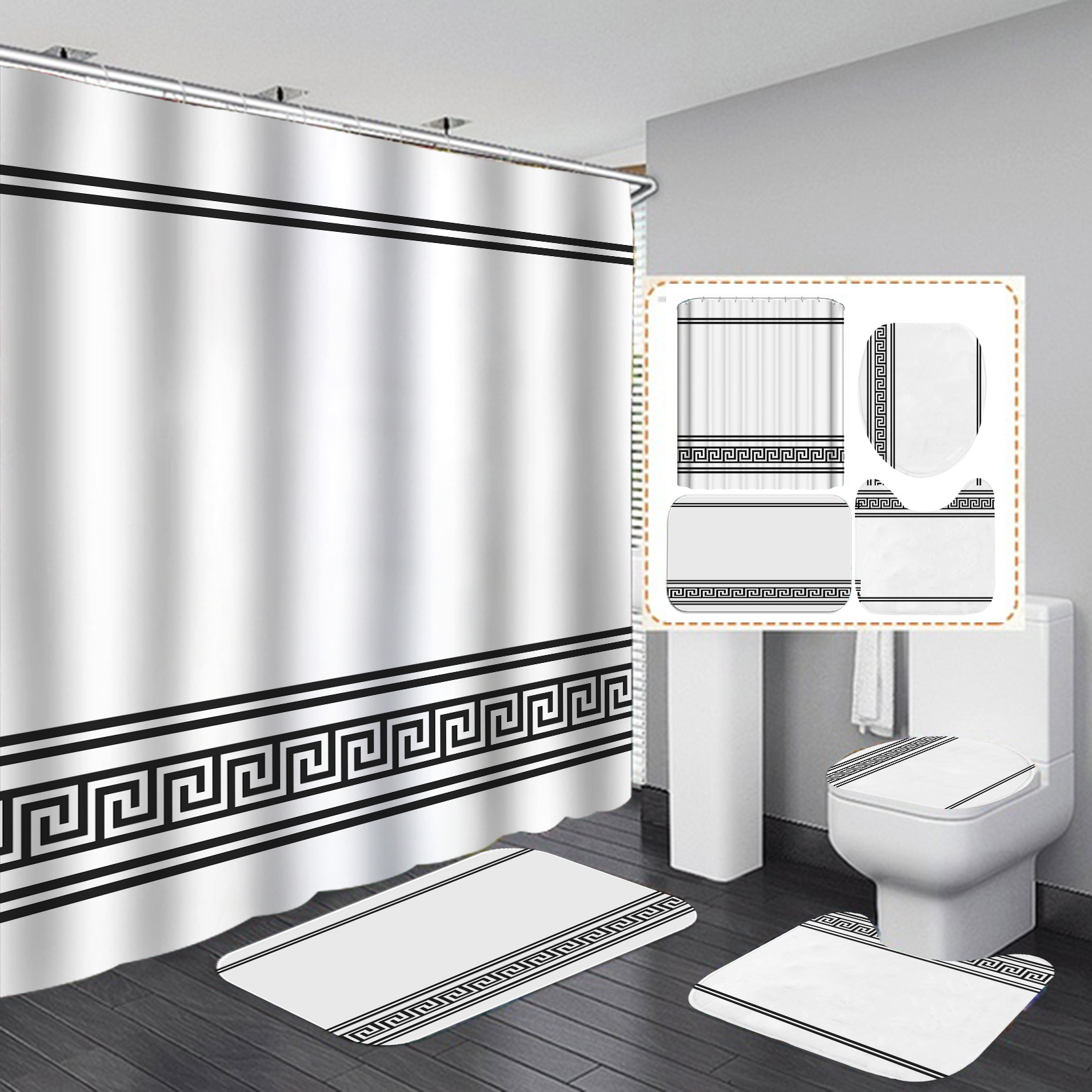 Comercio electrónico transfronterizo Venta caliente HD Impresión digital Poliéster Baño Hotel Baño Cortina de ducha Conjunto de cuatro piezas Traje