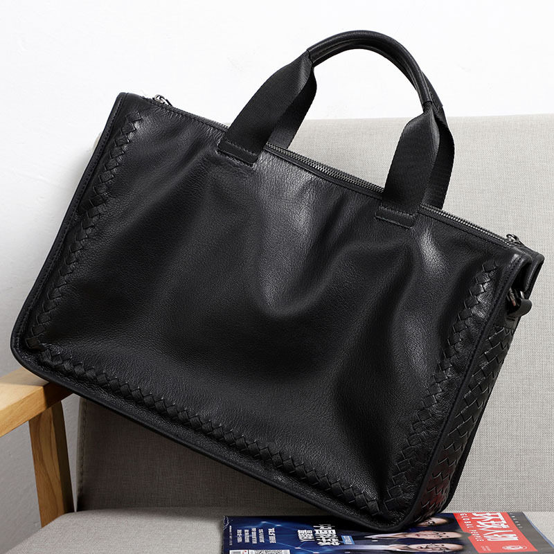 Túi xách tay nam da thật dệt da bò mềm, cặp đeo chéo một vai công sở 42×28,5×14 cm — Dệt da bò cỡ nhỏ, Dây trang trí da bò cỡ lớn, Da bò lớn dệt, Dệt Da Cừu Cỡ Nhỏ