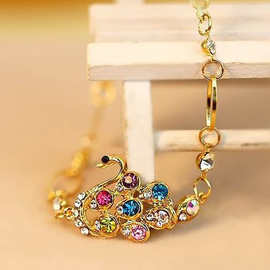 韩国饰品 时尚复古七彩孔雀小天鹅手链女 闪亮水钻凤凰手镯批发