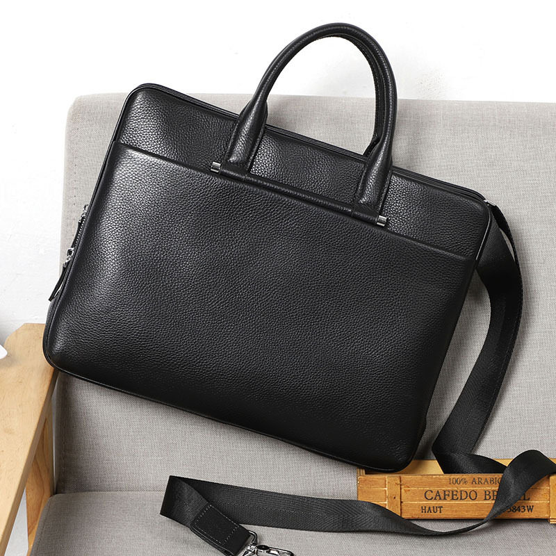 Túi xách nam da bò thật dung tích lớn 38×29×9 cm, túi công sở đeo chéo một vai — Màu đen