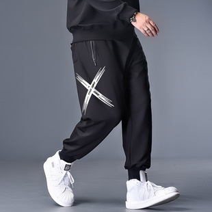 K72086-white fur pen fork G30-308 zipper trousers plus size men's printed skinny sweatpants