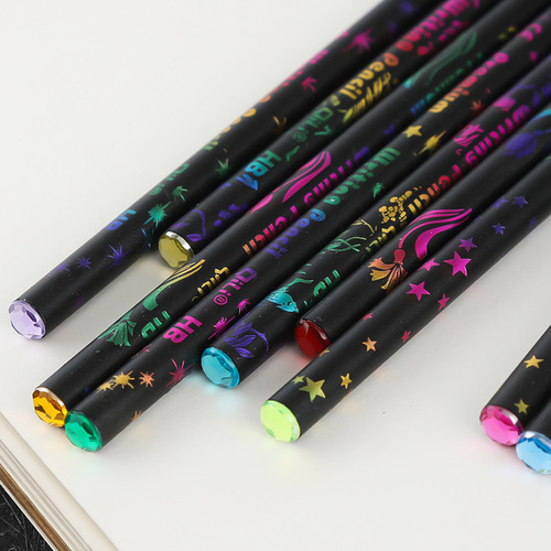 Black wood pencil primary school student HB cartoon creative color printed pencil with diamond foreign trade supply cross-border pencil