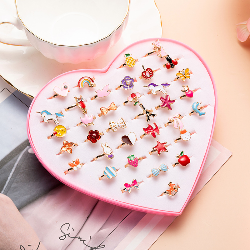 Anillo de aleación de joyería infantil de estilo coreano anillo de dibujos animados lindo para niños lindo hermoso mezclado 36 piezas 1 caja