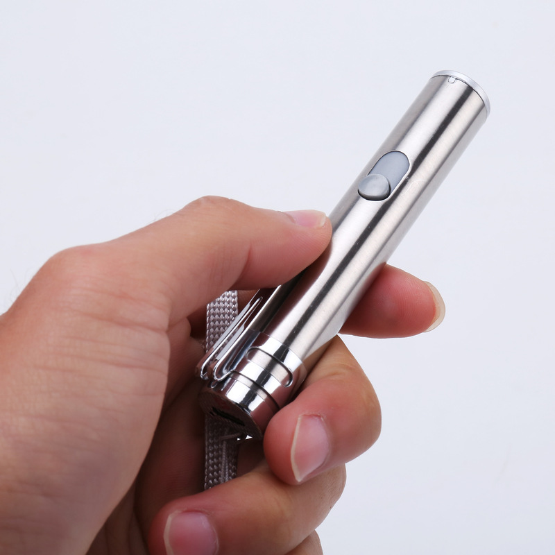 De acero inoxidable de múltiples funciones LED mini linterna detector de efectivo de luz láser infrarrojo tres en uno USB recargable