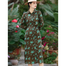 2020春夏新款棉麻女装 复古长款亚麻印花开衫连衣裙 系带旅行袍子