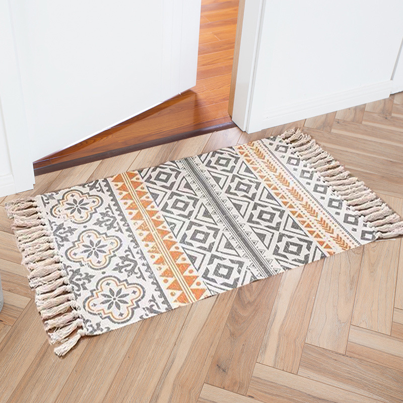 Nordic Cotton and Linen Floor Mat Ethnic Style Carpet Door Mat Foot Mat Door Bedroom Anti-Slip Mat Household Bohemian Machine Wash