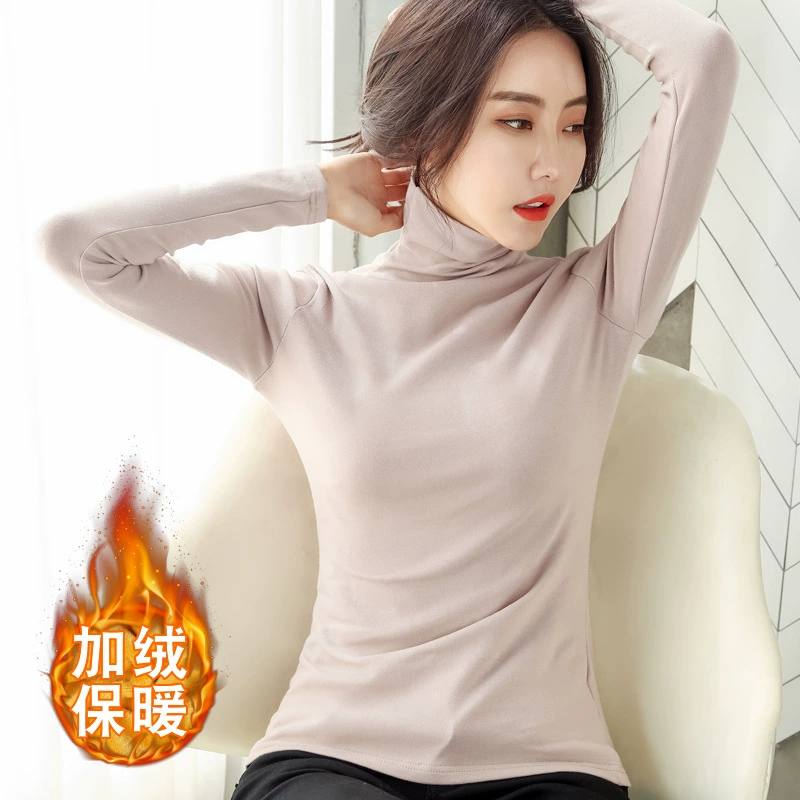 Женская флисовая базовая футболка с высоким воротом на осень/зиму 2025, однотонная, в корейском стиле, с длинным рукавом, теплая, облегающая, модная женская футболка.